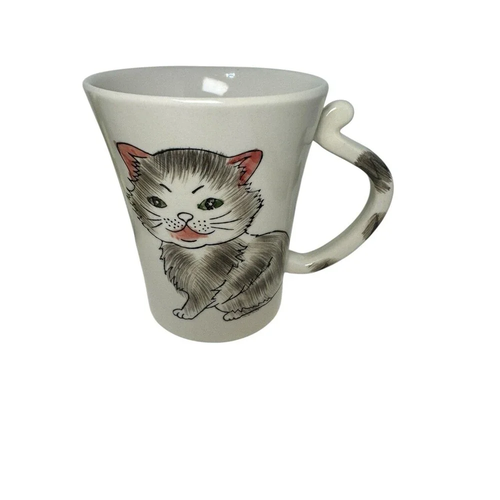 Pier 1 Imports Double Sided Huge Gray Kitten Tail Handle Coffee Mug tea Ceramic